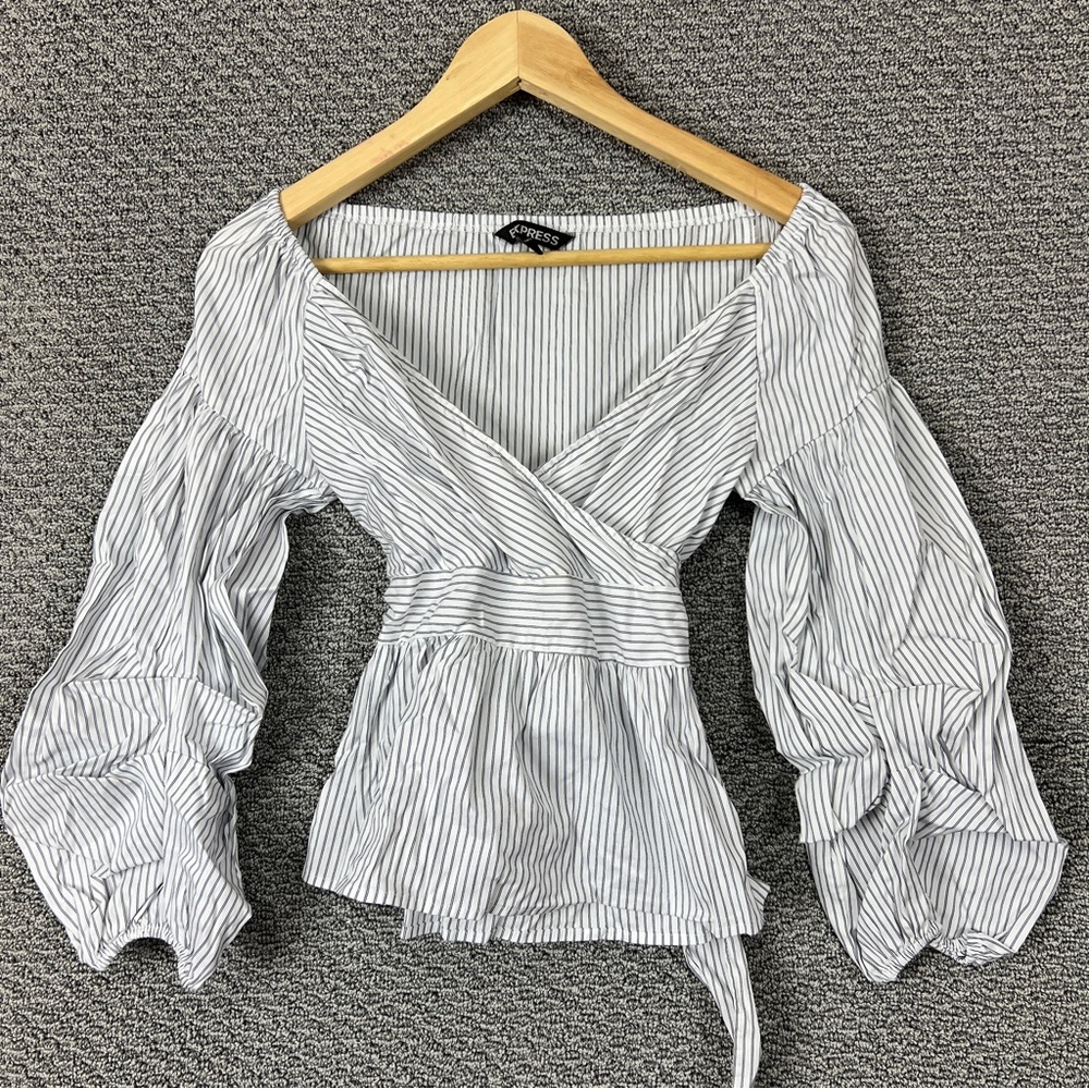 Express Striped Blouse V neck Women's Size XS White Ties on back - Picture 1 of 14
